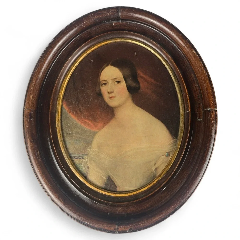 Pair Of Antique Mother And Child Oval Portraits Wooden Frame 19th‎ Century